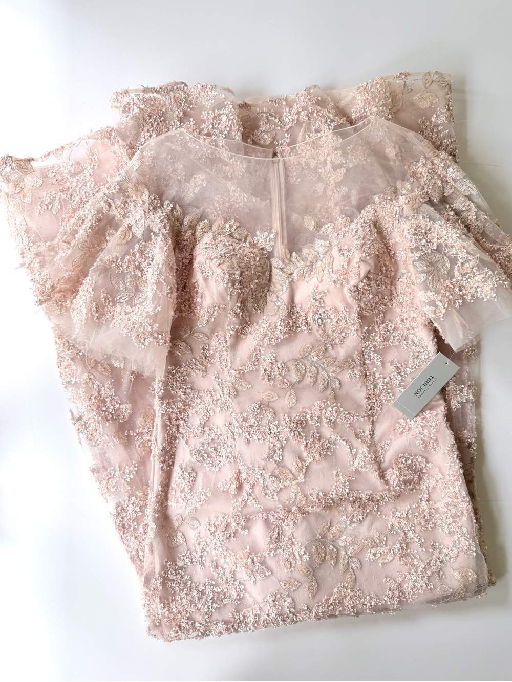 NWT Teri Jon Rickie Freeman Blush Pink Sequin Embroidery Illusion Dress Gown 12
